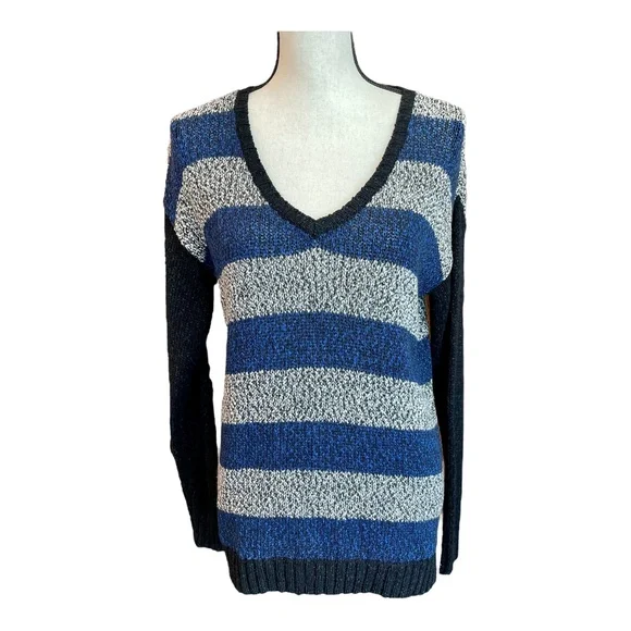 Kensie Womens V-Neck Sweater Blue Gray Black Striped Long Sleeve Pullover S - Picture 2 of 9